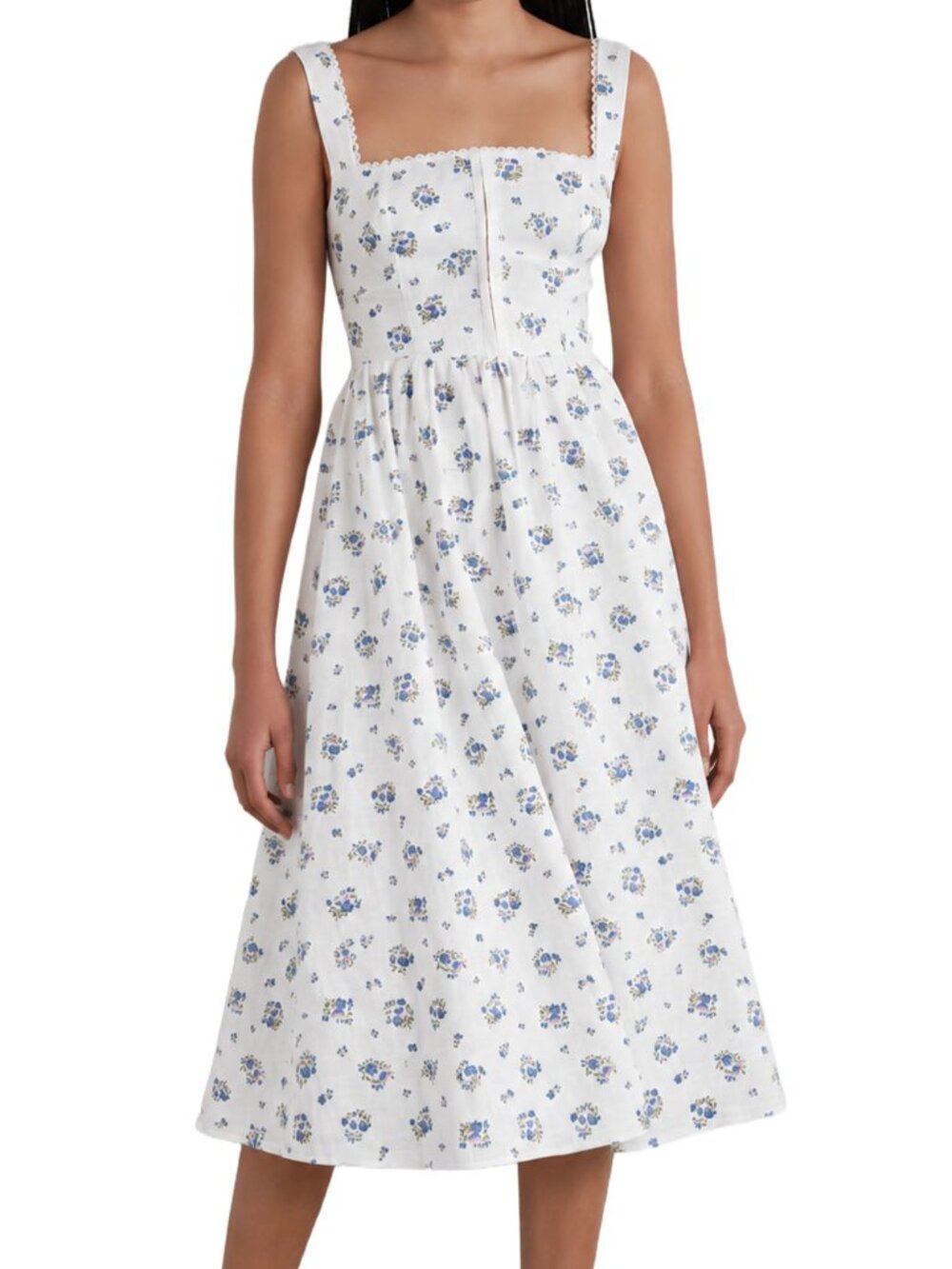 Reformation Tagliatelle Linen Midi Dress Blaire White Blue Floral 0
